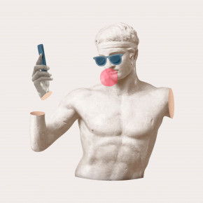 Illustration: Oberkörper einer antiken Statue, die mit Sonnenbrille, Kaugummi und Smartphone posiert